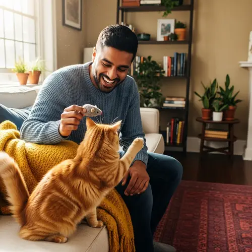 South Asian Man Playing with Ginger Cat in Cozy Living Room