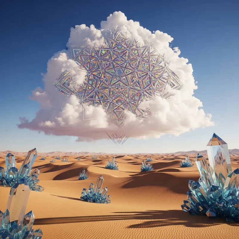 Colorful Geometric Pattern Floating Above Ethereal Desert with Giant Crystals Colorful Geometric Pattern Floating Above Ethereal Desert with Giant Crystals