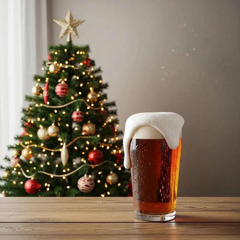 Festive Beer Adorned by a Christmas Tree