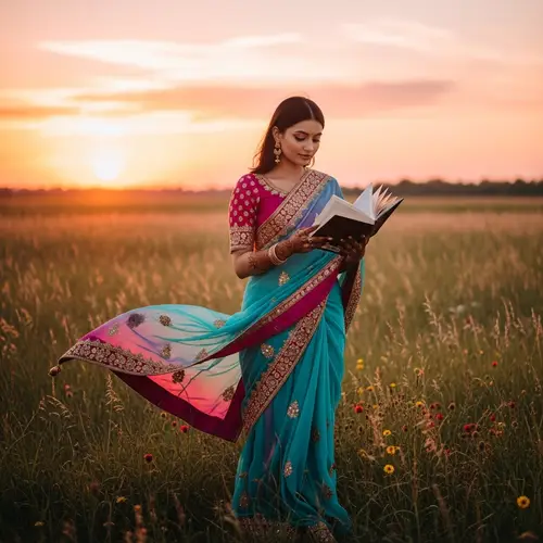 South Asian Woman in Traditional Sari | Sunset Field Image