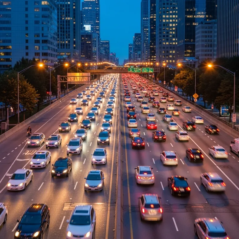 Five-Lane One-Way Highway Traffic in Rush Hour