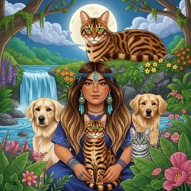 Mystical Connection: Bengal Cat and Shaman Woman Under Full Moon