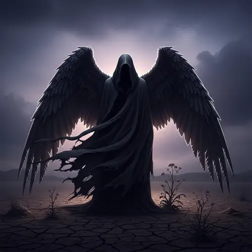 Hyper-Realistic Tall Figure in Tattered Black Cloak with Black Wings - 8K Resolution