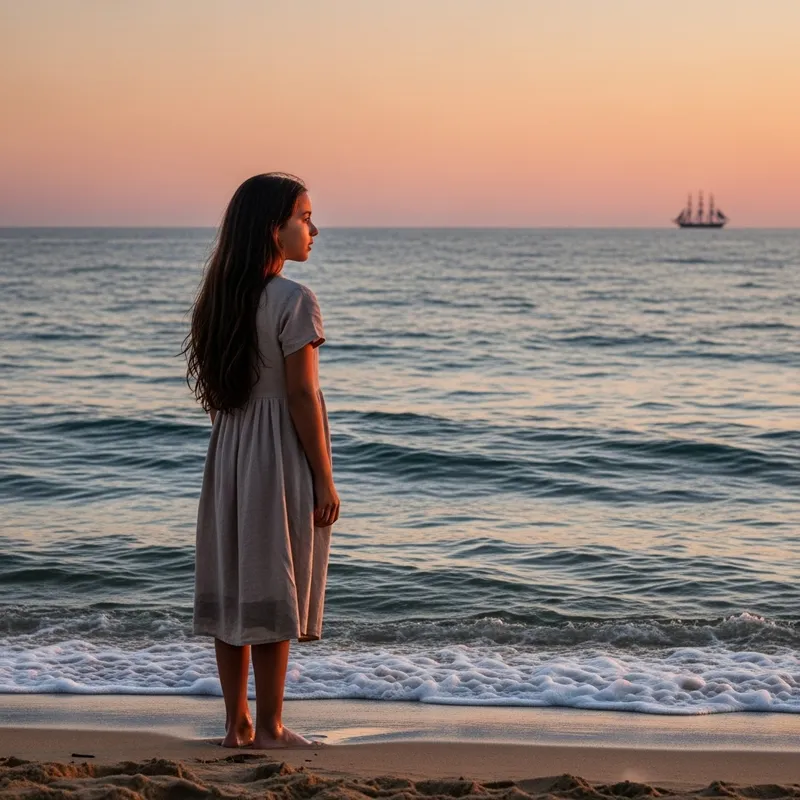 Ethereal Sunset Scene: Hispanic Girl Waiting for Sailor by the Seashore
