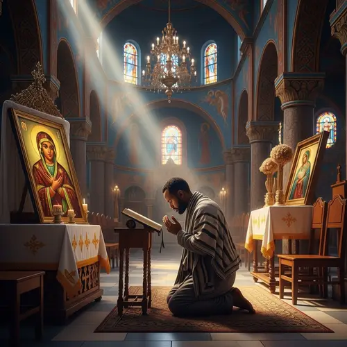 Ethiopian Orthodox Church Scene: Man in Prayer with Holy Virgin Mary Image