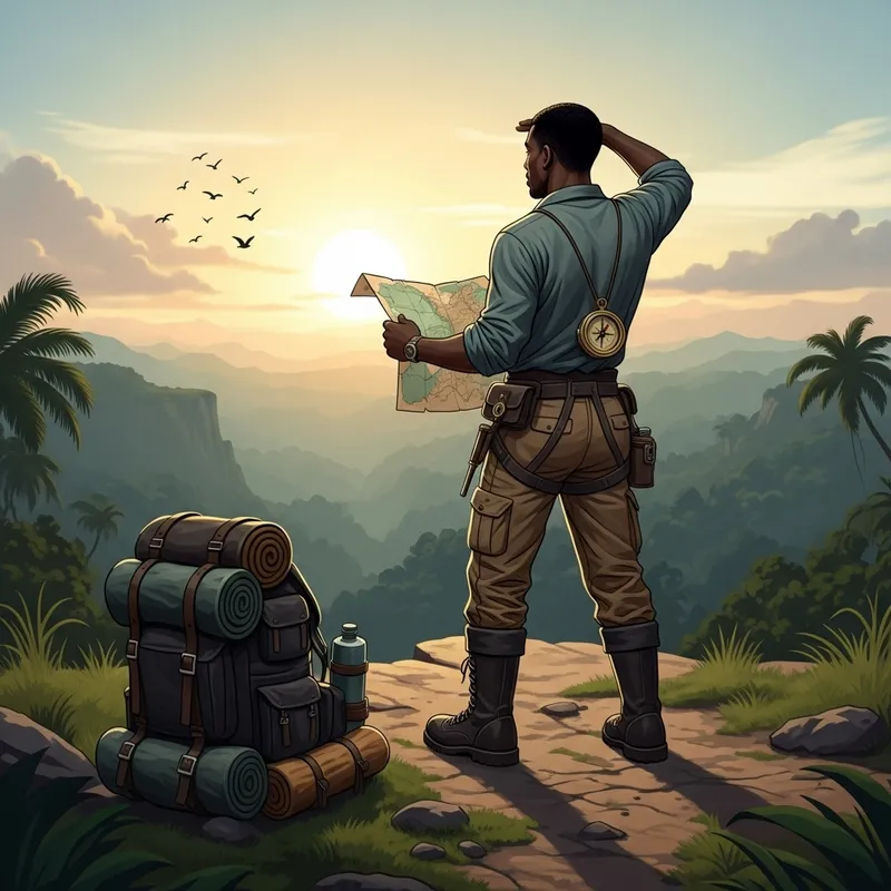 Explorer Traveler Overlooking Jungle Vista