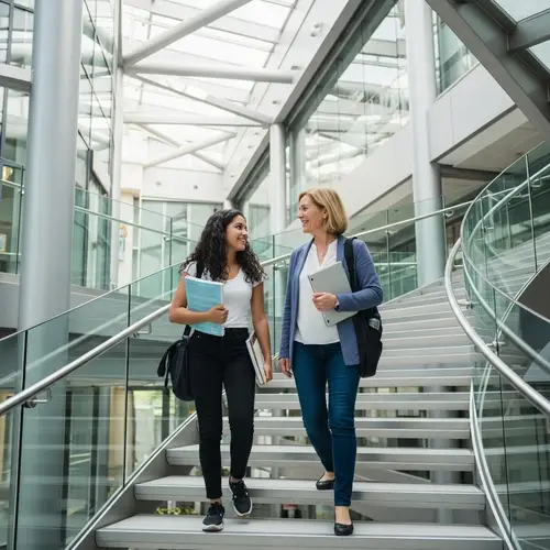 Modern Academic Diversity: Student Camaraderie on Spiral Staircase