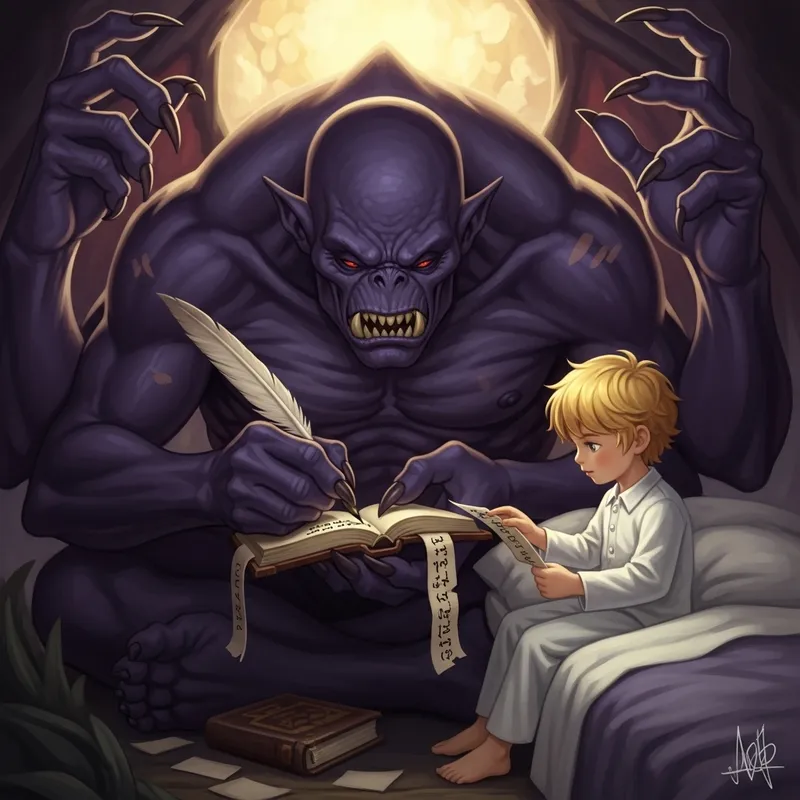 Dark Fantasy Illustration: Enormous Quad-Armed Monster Writing in Book