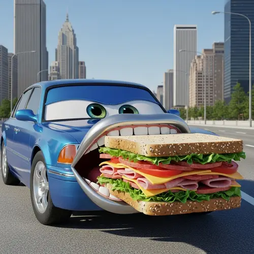 Surreal Scene: Sedan Car Devouring Enormous Sandwich