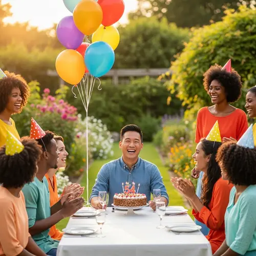 54-Year-Old Man Birthday Celebration in Garden with Friends