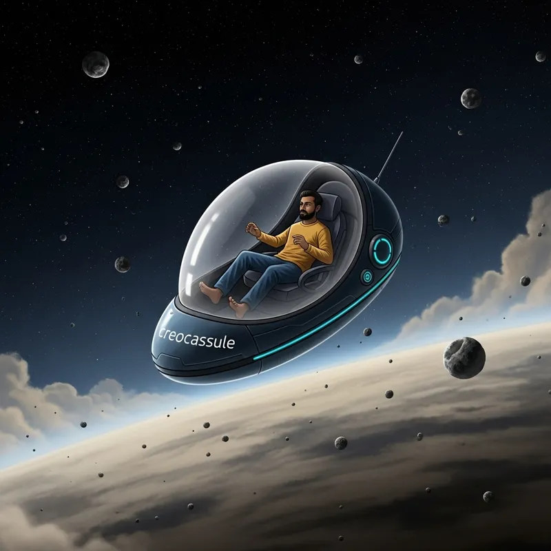 Man in Creocapsule surrounded by Space Dust on Planet P.E.C.1.0.