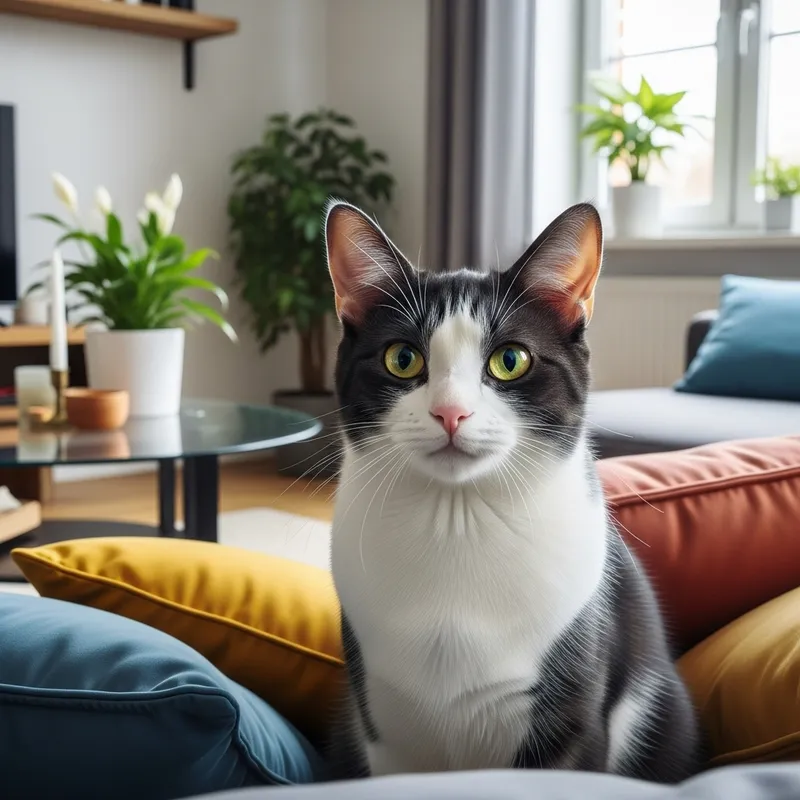 Cozy Black and White Domestic Cat in Modern Living Room