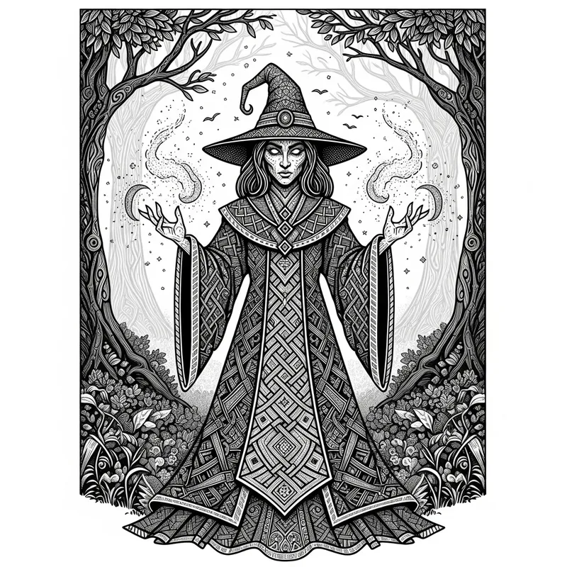 Enchanted Blackwork Witch in Mystical Forest