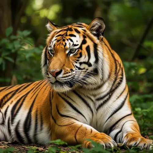 Majestic Tiger Resting in Lush Forest - Striped Orange Coat
