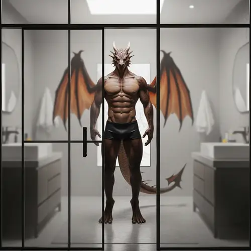 Male Dragon Demi-Human in Shower - Powerful Physique Exposed