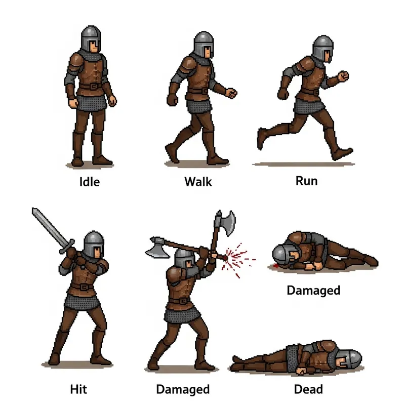 Pixel-Art Slim Medieval Warrior Character Poses