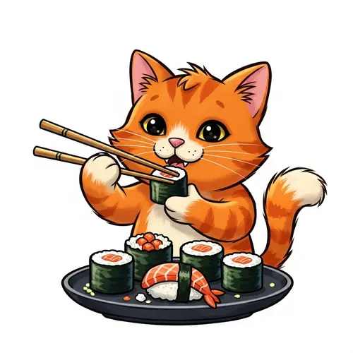 Adorable Orange Cartoon Feline Enjoying Sushi - Children's Book Style Illustration