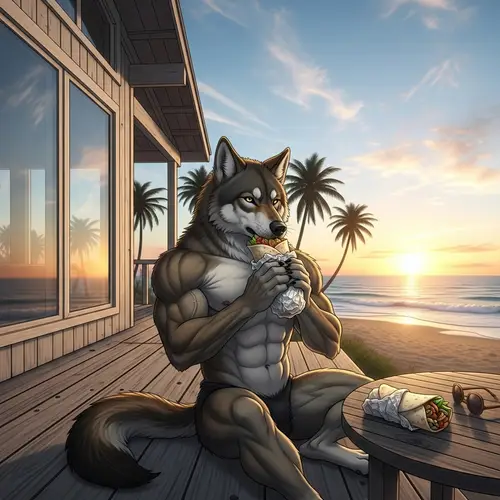 Physically Fit Wolf Enjoying Burrito at Beach House