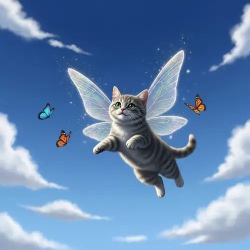 Whimsical Flying Cat with Fairy Wings in Clear Blue Sky