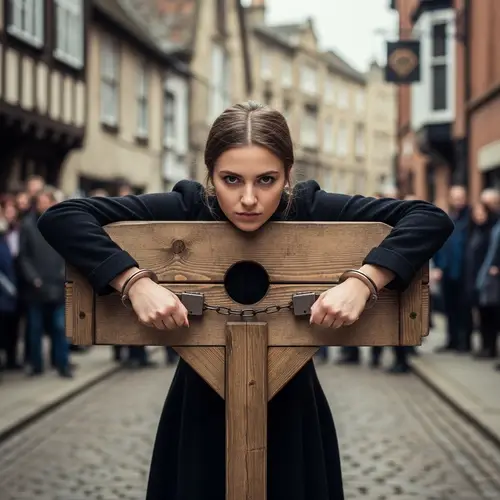 Defiant Young Female in Medieval Pillory | Historic Scene