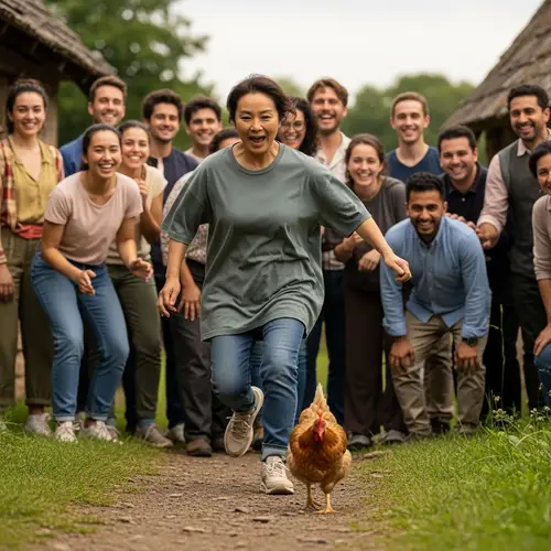 Asian Woman Chasing Chicken in Village | Heartwarming Scene