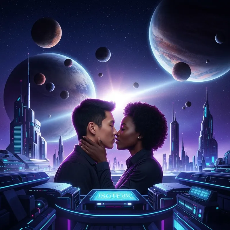 Future World of Isoteric Love: Lovers Kissing Under Neon Skies