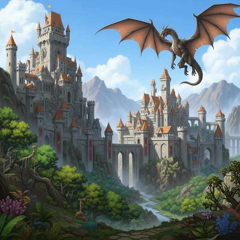 Majestic Kingdom Castle, Forest, and Dragon Fantasy Art