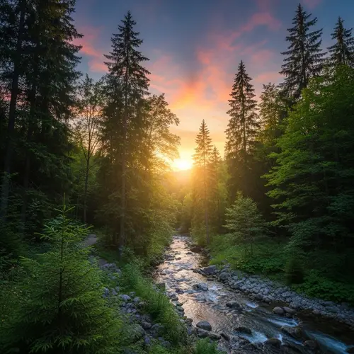 Tranquil Sunset Forest Scene: Serene Beauty of Nature