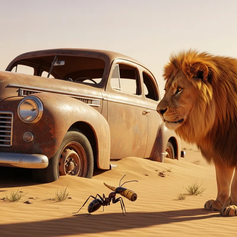 Lion, Ant, and Vintage Car Scene in the Desert