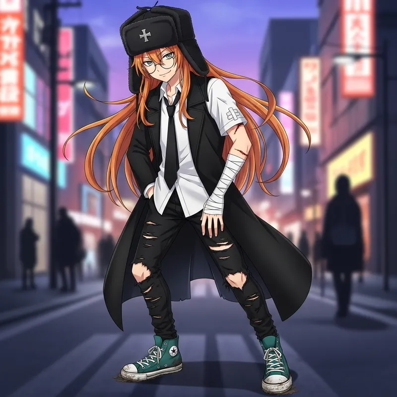 Anime Boy with Long Orange Hair, Ushanka Hat, and Turquoise Converse Sneakers