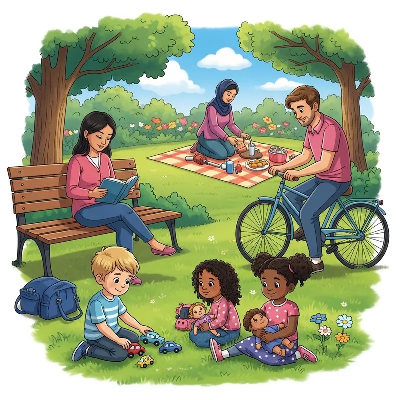 Diverse Family Scene: Kids Playing, Parents Relaxing in Park