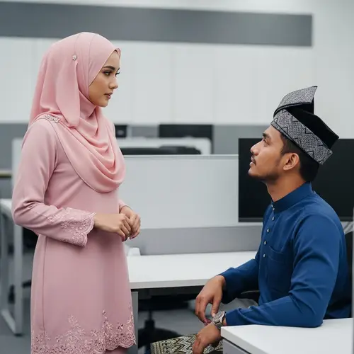 Malaysian Couple at Office | Baju Kurung & Bawal Hijab