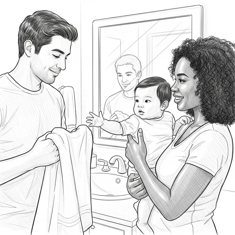 Diverse Family Bathroom Pencil Sketch Art