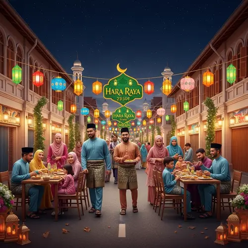 Colorful Hari Raya Celebration: Festive Street Scene