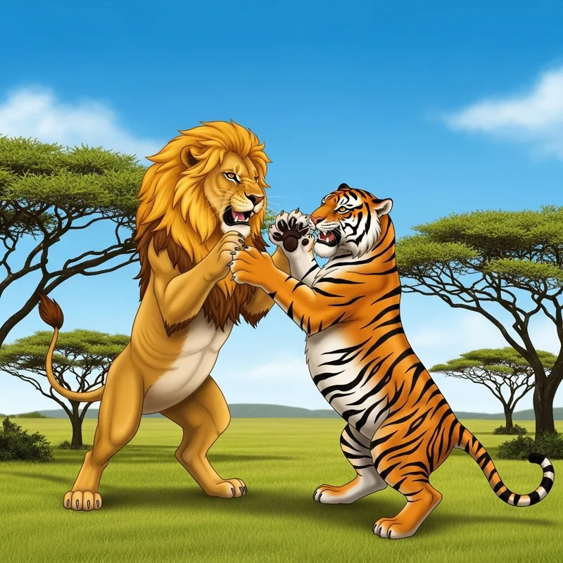 Lion and Tiger Playful Playfight on Grass