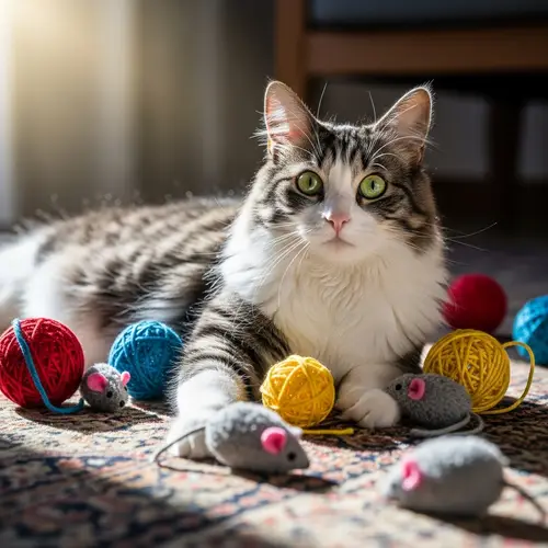 Fluffy Domestic Cat with Green Eyes - Playful Tabby Feline