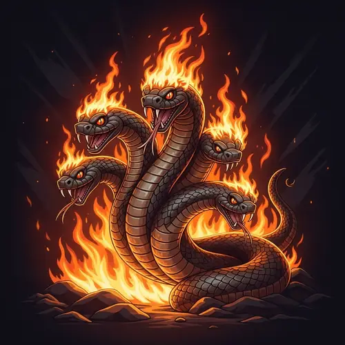 Four-Headed Snake On Fire - Mythical Creature Artwork