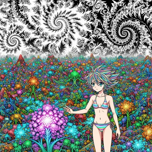 Iridescent Beachwear Anime Character in Fractal Landscape