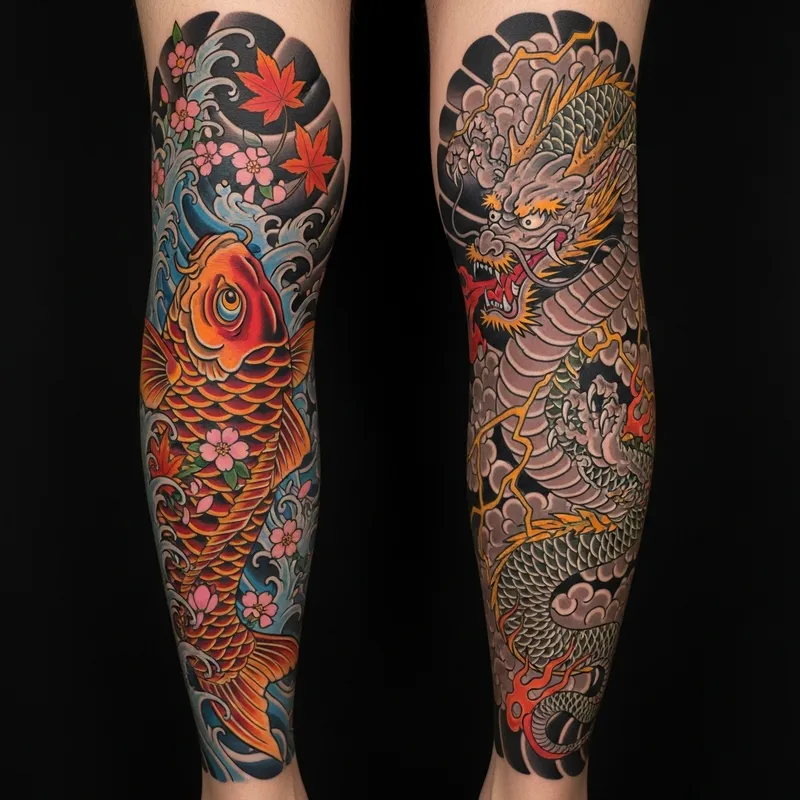 Stunning Japanese Koi Fish and Dragon Leg Tattoo Designs