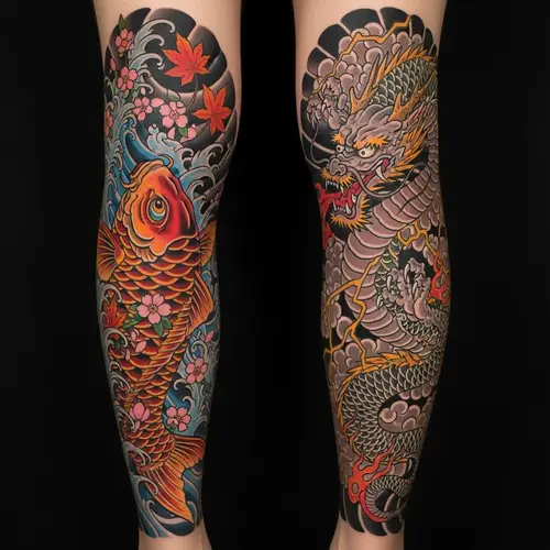 Japanese Style Koi Fish and Dragon Leg Tattoos