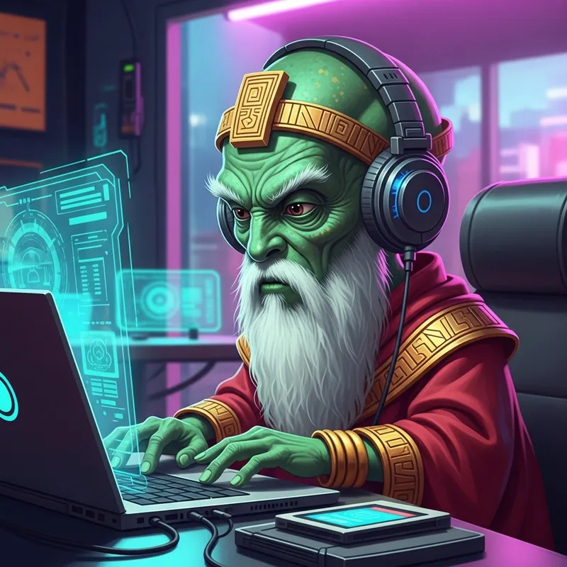 Futuristic Jedi Master Yoda on Laptop in Cyberpunk Office