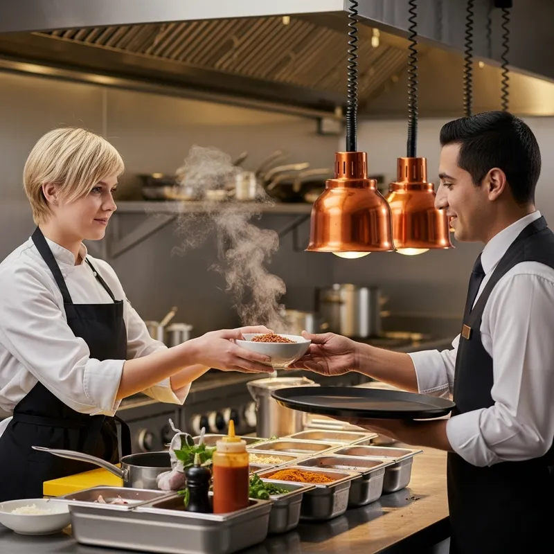 Blond Girl Chef Serving Spicy Dish in Kitchen Scene