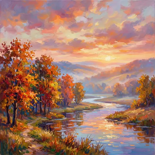 Impressionist Style Landscape Painting with Vibrant Trees and Winding River