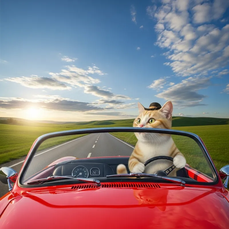 Whimsical Cat Cruising in Vintage Car | Open Road Adventure