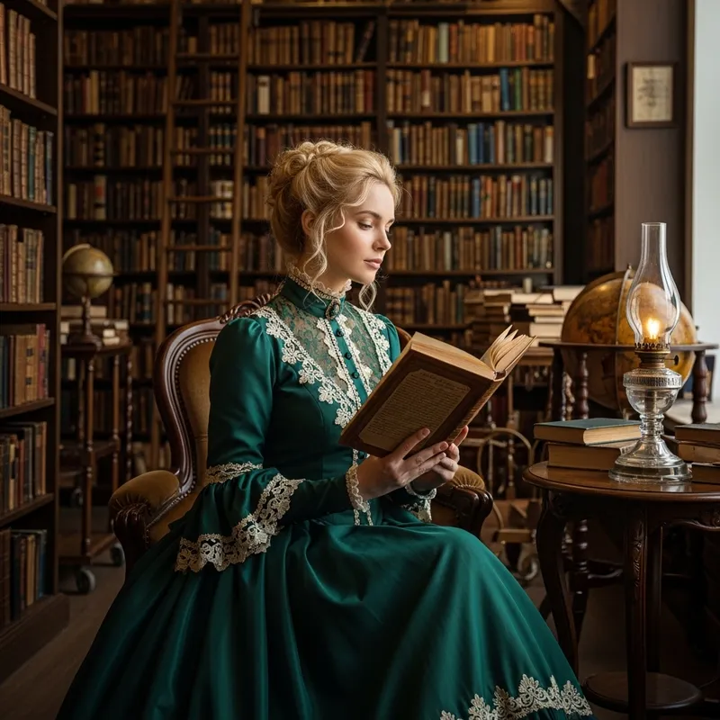 Blonde Woman Reading in Antique Bookstore