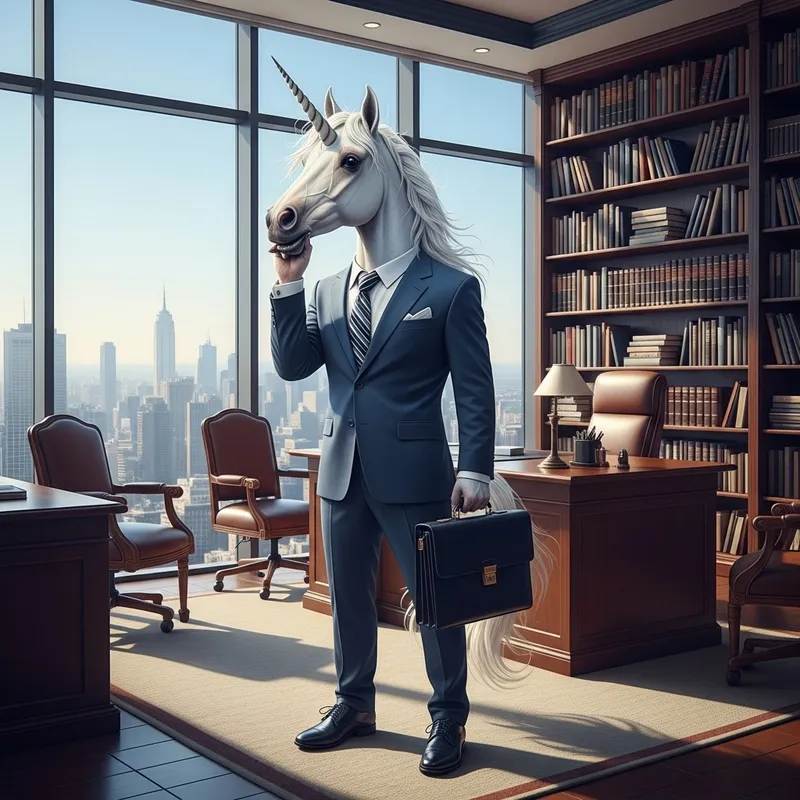 Professional Executive Unicorn with City Skyline View