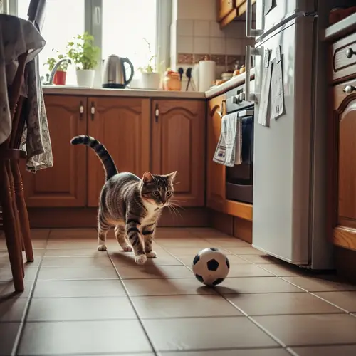 Domestic Cat Playing Football in Vibrant Kitchen Scene