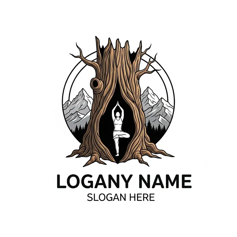 Man Practicing Yoga Inside Tree Trunk Surrounded by Mountains