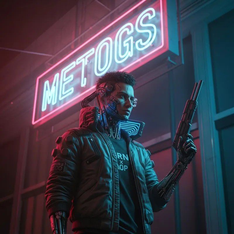 Cyberpunk Person with Neon Sign and Cyber-Implants