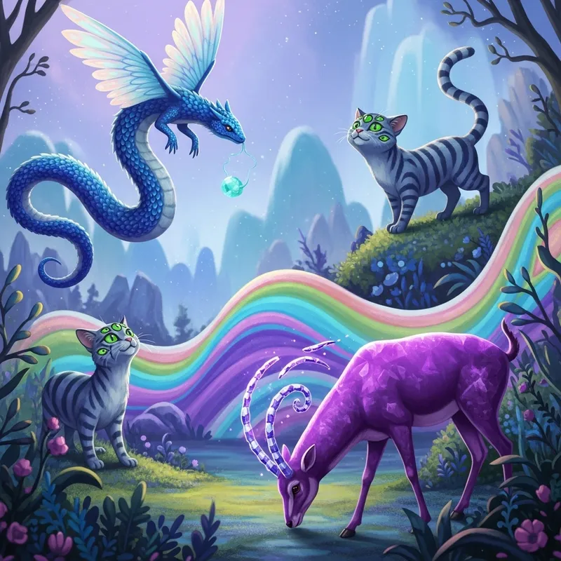 Enchanting Fantasy Creatures in Vibrant Dreamscape | Fantasy Abstract Beings